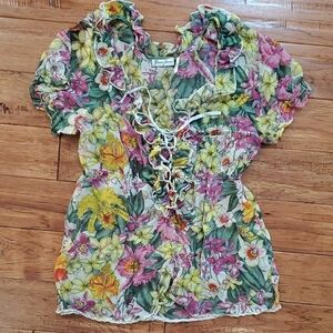Guess Yellow and Green Ruffled Tie Front Vintage Blouse Y2K Fairycore
